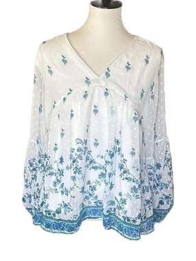 Janasya White Georgette Digital Floral Print Flared Boho Top, XXL
